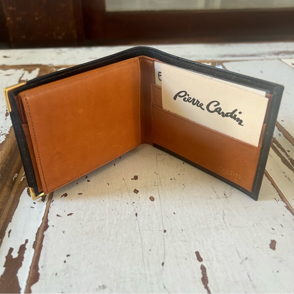 Vintage PIERRE CARDIN Black and Brown Leather BI-Fold Wallet New Old Stock